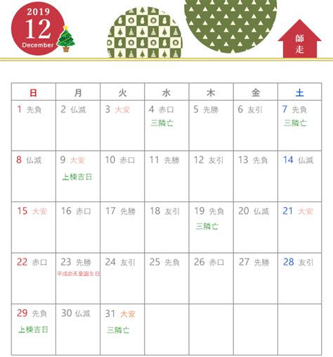 2019年 建築吉日カレンダー｜12月