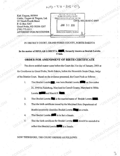North Dakota Order for Amendment of Birth Certificate | US Legal Forms