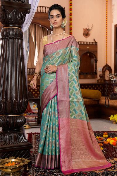 Majesty Firozi Organza Silk Saree With Palimpsest Blouse Pie