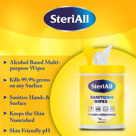 West-Coast SteriAll Sanitizing Disinfectant Wipes for Hands, Body and ...