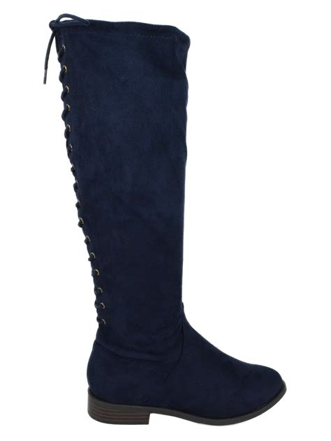 Liquid Navy Blue Suede Faux City Classified Women Flat Boots Side ...