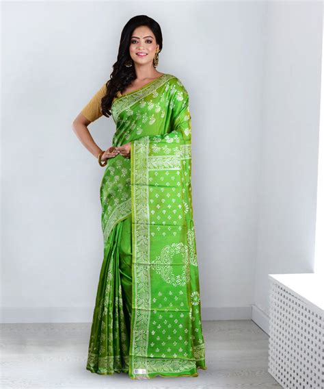 Resham Shilpi Elegant Pistachio Green Block Printed Silk Saree