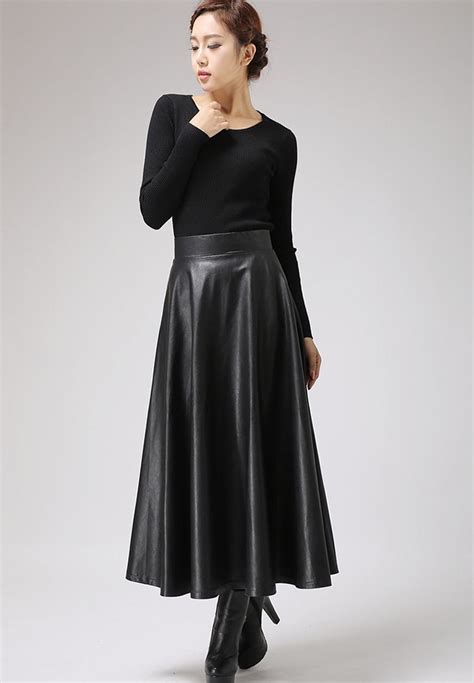 Black Faux Leather Skirt Classic Style Maxi Skirt Women PU Vegan Flared ...