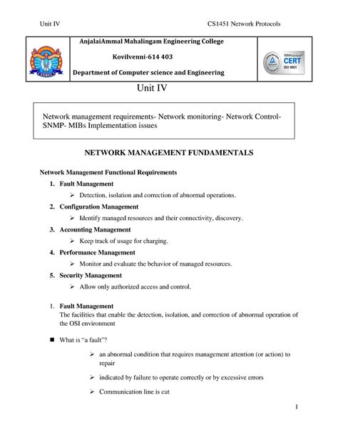 UNIT 4 - Unit IV Network management requirements- Network monitoring ...