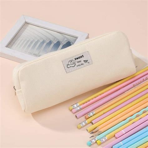 Single Layered Letter Sticker Decor Pencil Case For Students, Canvas ...