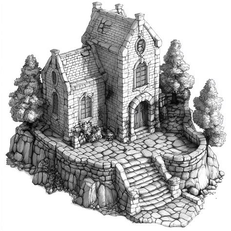 Front view building for a fantasy map black and white with white ...