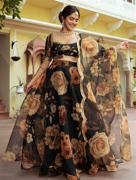 Green & Brown Printed Ready to Wear Lehenga & Blouse With Dupatta