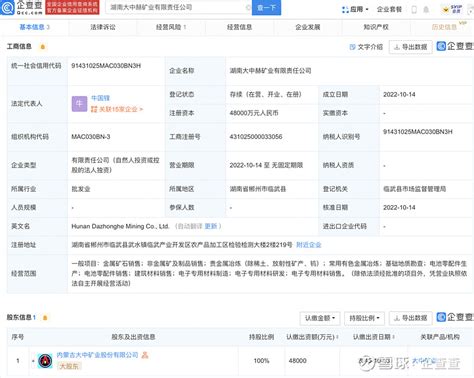 大中矿业4.8亿于湖南新设子公司，经营范围含电池零配件生产 企查查APP显示，近日，湖南大中赫矿业有限责任公司成立，法定代表人为牛国锋，注册 ...