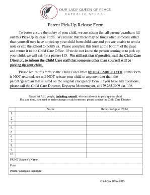 Fillable Online olqpschool Parent Pick-Up Release Form - olqpschool Fax ...