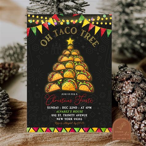Taco Tree Christmas Fiesta Invitation, Tacos Mexican Christmas Party ...