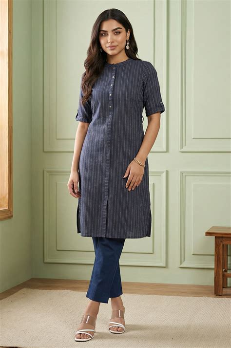Buy Blue Striped Pure Cotton Mandarin Collar Straight Kurta Online for ...