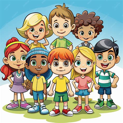 Group of eight happy cartoon kids standing together | Premium AI ...