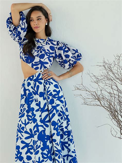 Buy Blue & White Floral Side Cut Out Midi Dress Online At Best Price ...