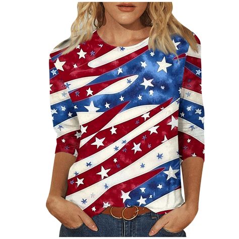 lcziwo Oversized 4th of July Shirts for Women 3/4 Sleeve Crew Neck Tops American Flag Patriotic ...