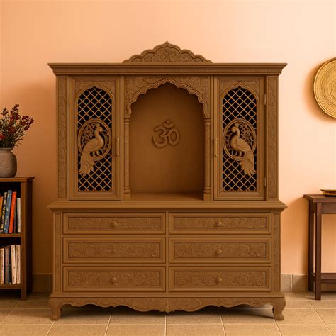 Mandirs | Teak Wood Teak Color Pooja Mandir | Mangalam – DZYN Furnitures