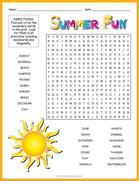 Easy Summer Word Search