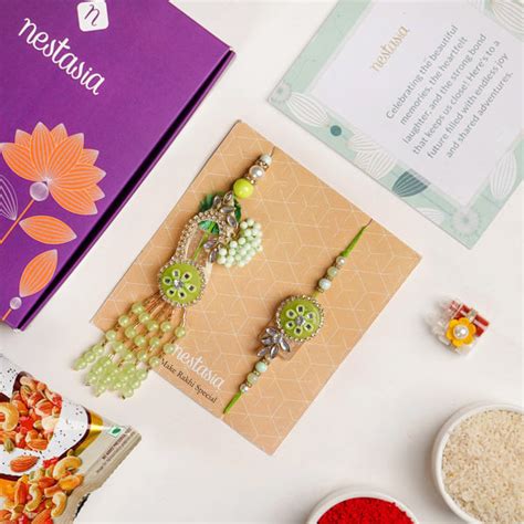 Kundan And Mirror Work Green Rakhi Lumba Set Online - Premium Gift ...