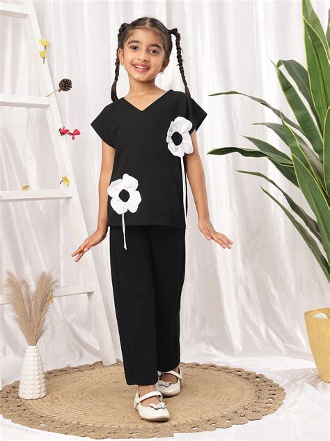 Girls V-Neck Floral Appliqué Top with Straight Trousers Co-Ord Set ...