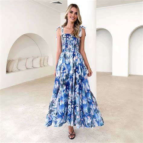 Shop Blue Bold Printed Tiered Tie Up Dress - for Women | OUTZIDR | Gen ...