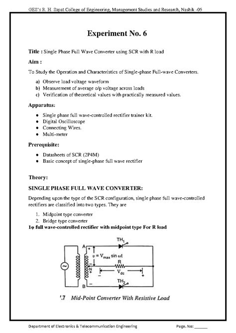 Experiment 6: Single Phase Full Wave Converter with SCR (PDC) - Studocu