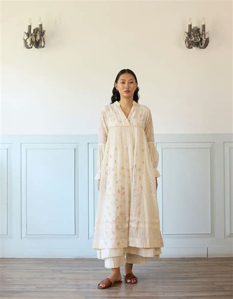 Ivory Floral Thread Work Panelled Amelia Dress