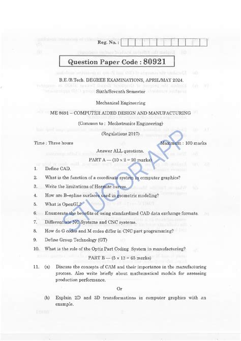 ME 8691 Final Exam Question Paper - CAD/CAM 2024 - Studocu