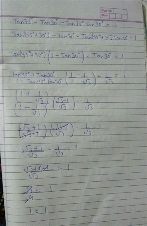 prove that =tan 75°-tan30°-tan75°tan30°=1 - Brainly.in