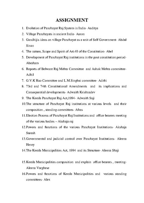 Assignment LSGP- BBA LLB (A): Evolution of Panchayat Raj System and Key ...