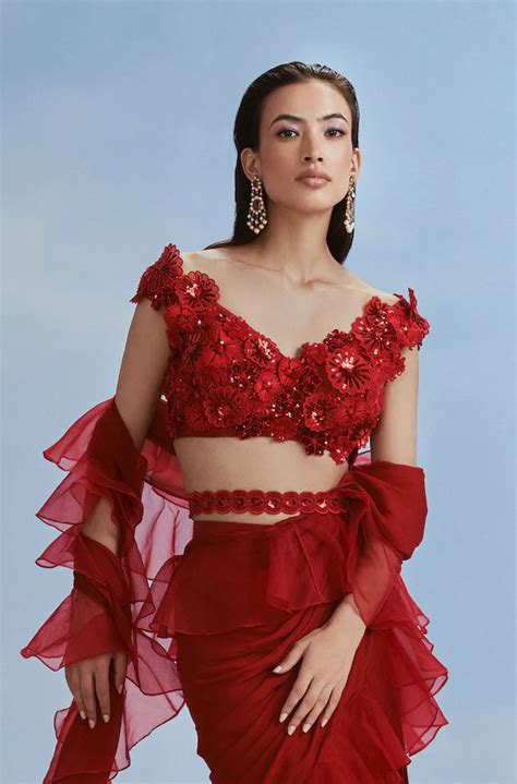 Scallop Edged Ruffle Saree with Astral Applique Blouse – Deval The ...