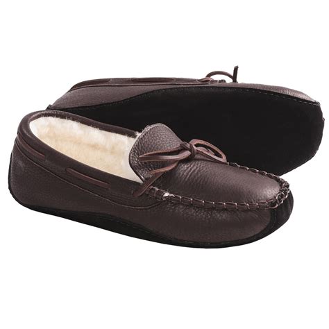 Acorn Bison Leather Slippers - Faux Fur Lining (For Men) in Dark Brown
