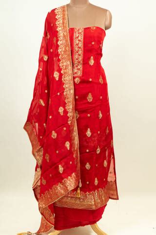 Red Colour Viscose Organza Banarsi hand Embroidered Shirt with Bottom ...