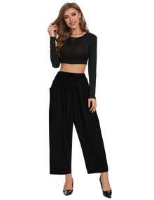 Women Wide Leg Capri Pants Casual Fit Lantern Trousers Drawstring ...
