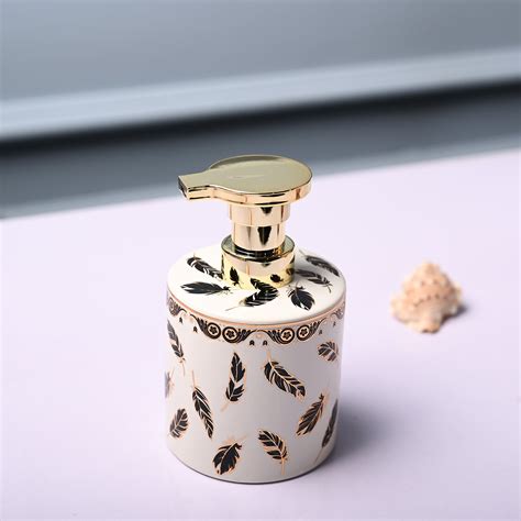 MARKET99 Ceramic Off White Cylindrical Soap Dispenser - Leaf Design ...