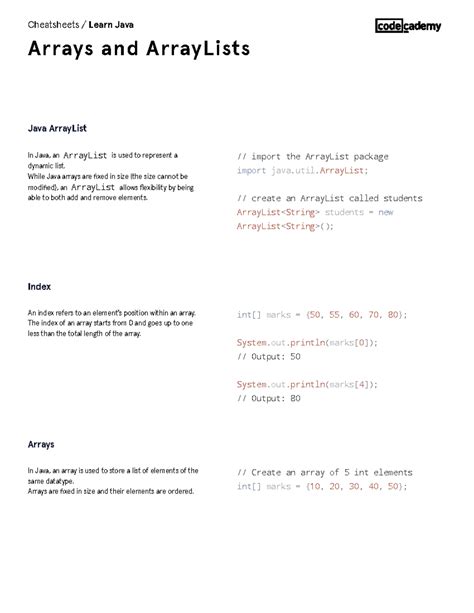 Learn Java Arrays and Array Lists Cheatsheet Codecademy - In Java, an ...