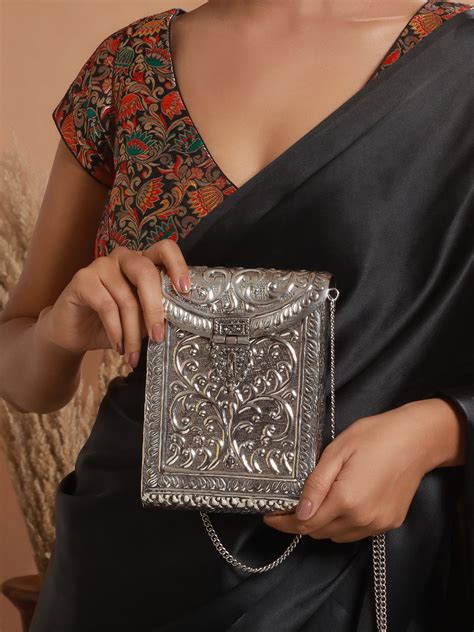 Vine Textured Silver Box Metallic Clutch Sling Bag – Priyaasi
