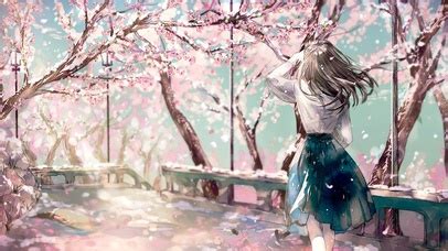 一颗樱花树下坐着一位少女，要很浪漫的动漫图片