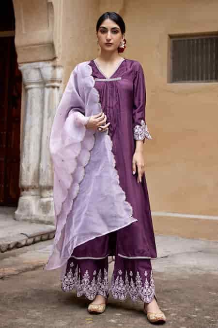 Buy Purple Muslin, Silk Embroidery V-neck Aiza Gathered Kurta Set For ...