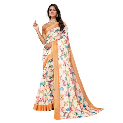 Cream & Orange Digital Floral Printed Linen Saree
