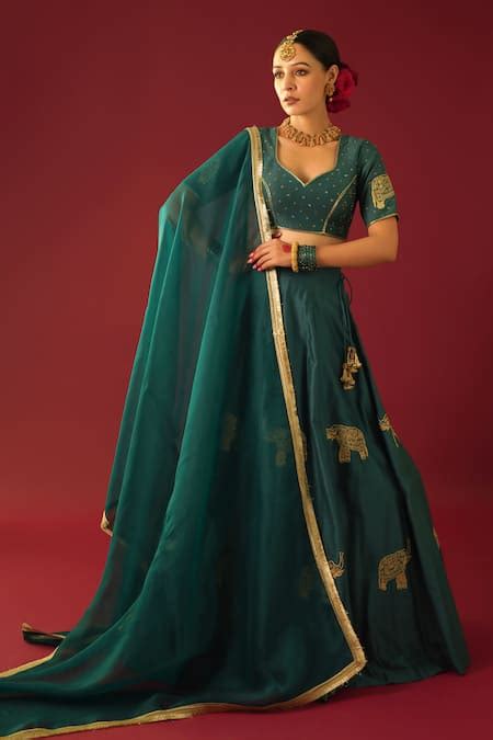 Buy Green Chanderi, Organza Embroidery Polo Collar Fariya Elephant ...