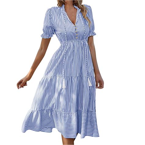 VSSSJ Women Casual Dresses Summer Striped Printed Puff Short Sleeve V ...