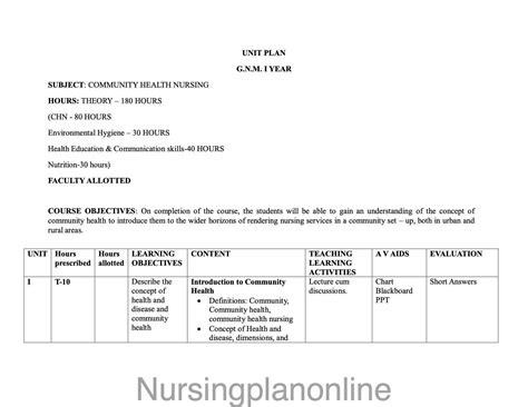 GNM First Year Community Health Nursing Unit Plan for Effective ...