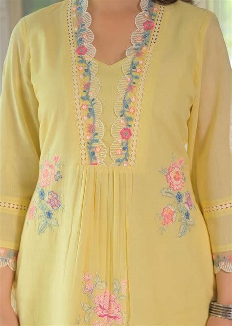 Mul Cotton Embroidered Kurti Pant set-Yellow Co-Ord – Stylesang