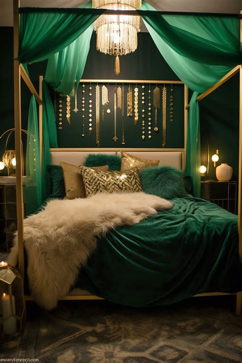 Emerald and Sage Boho Bedroom with LED Lighting and Gold Accents