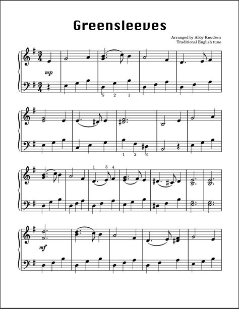 Greensleeves Easy Christmas Piano Sheet Music Printable PDF - Etsy