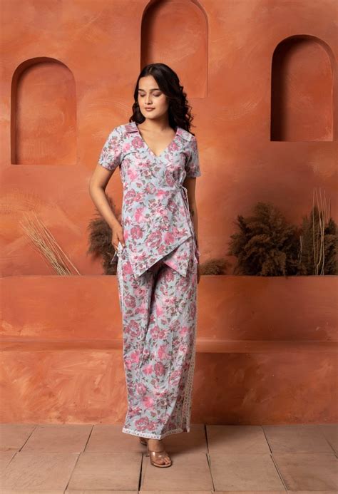 DHOOP CHAAV BLUE COTTON PRINTED ANGRAKHA PATTERN CO-ORD SET – Pomcha Jaipur