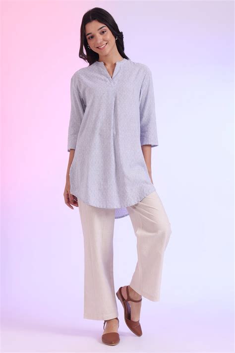 Buy Blue Yarn Dyed Straight Cotton Blend Kurti Online for Woman | Shop ...