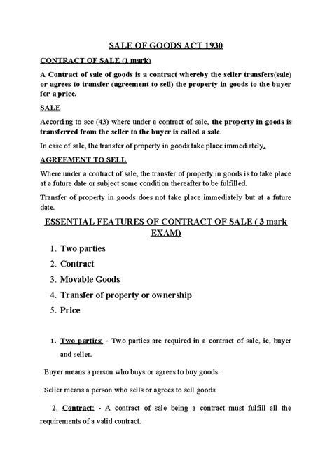 5.1 Contract OF SALE - Good - SALE OF GOODS ACT 1930 CONTRACT OF SALE ...