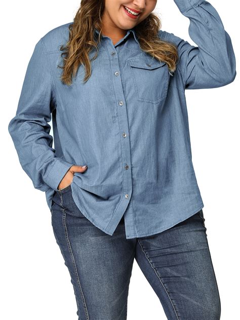 Unique Bargains - Women's Plus Size Chest Pocket Long Sleeve Denim ...