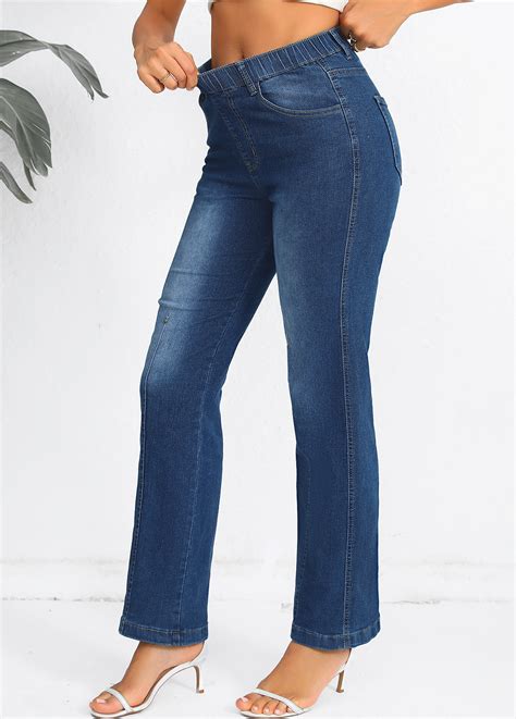 Elastic Waist High Waisted Denim Blue Jeans | Rosewe.com - USD $35.98