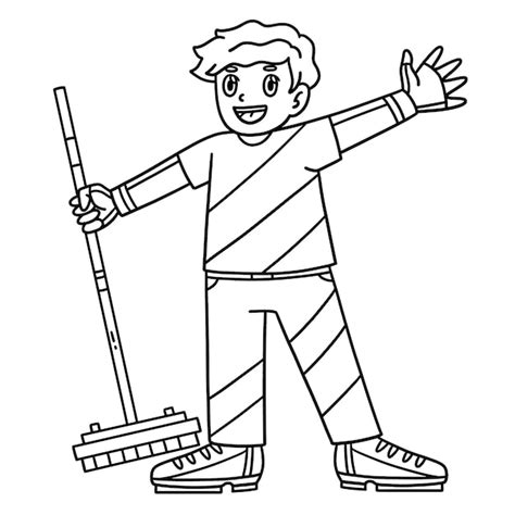 Curling male athlete with broom isolated coloring | Premium Vector